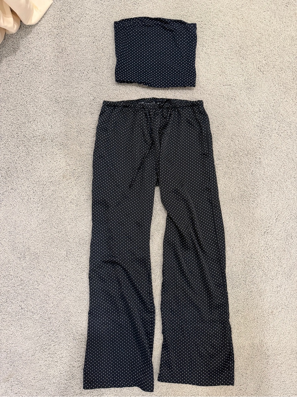 Navy Polka Dot Two-Piece Set - Strapless Top & Wide Leg Pants